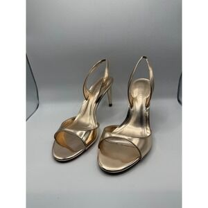 Schutz Scarlett Sling Mid Gold Metallic Leather Heels Sandals 7B